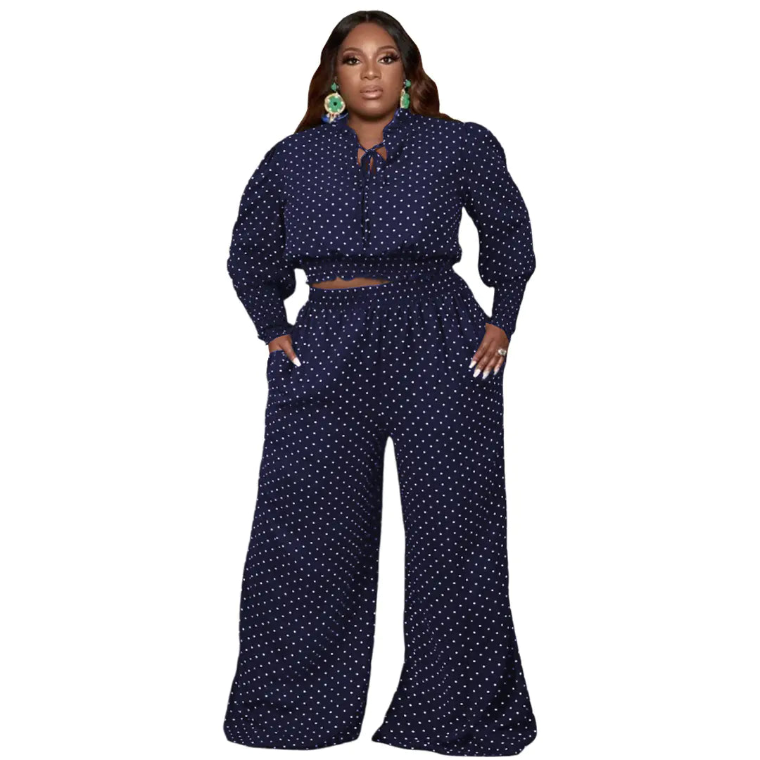 Polka Dot Tie Up Wide Leg Pants Two-Piece Set