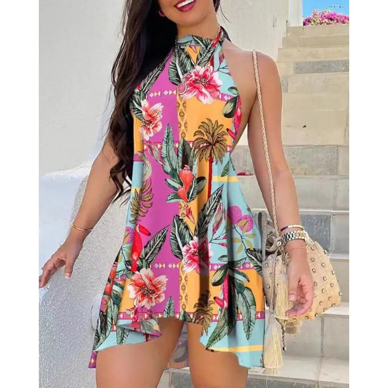Fashionable Women's Printed Lace-up Dress
