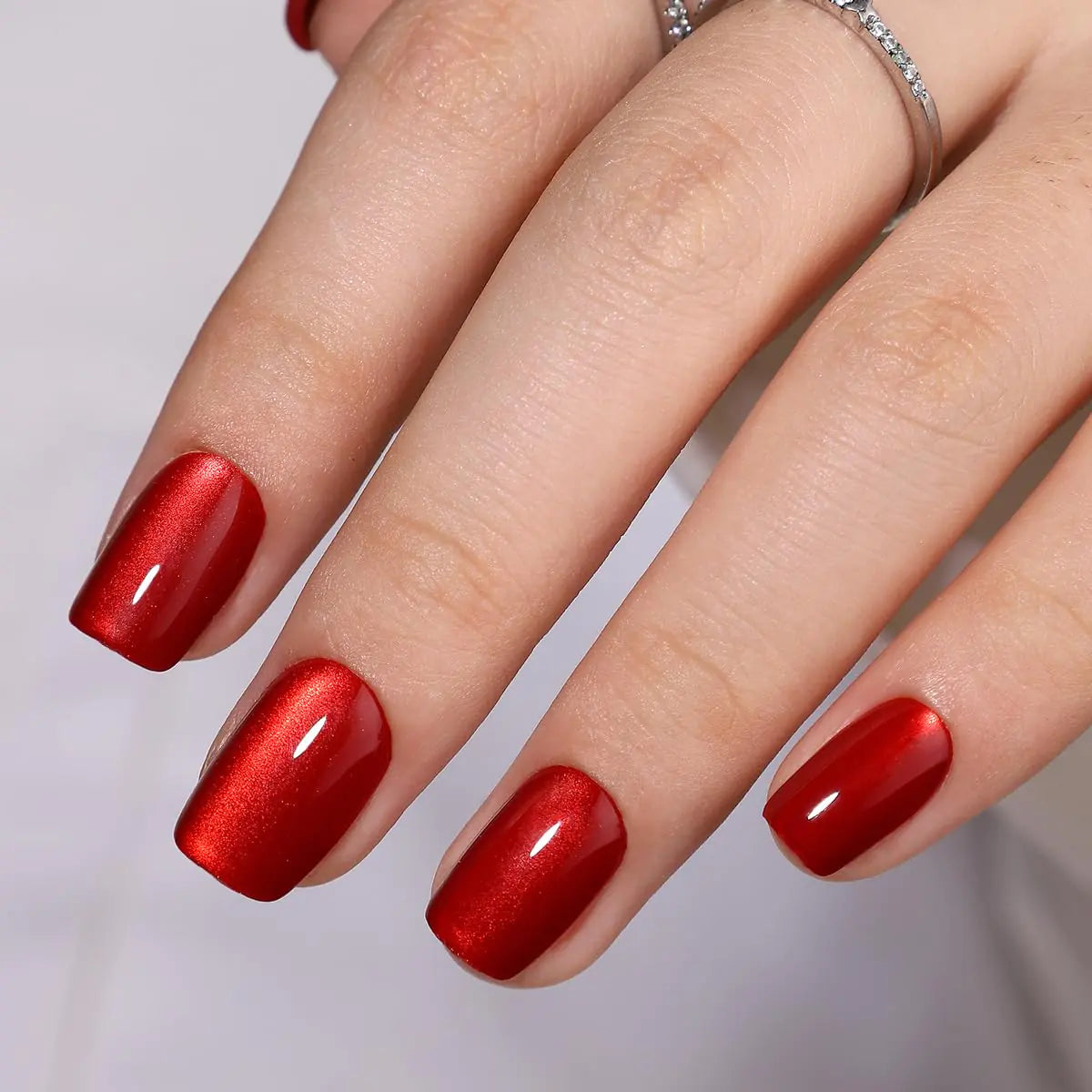 Red Short Square Press On Nails Glue On Nails Short Red Fake Nails with Cat Eye Press On Nails Designs Acrylic Nails Press On Gel False Nails Artificial Nails Stick On Nails for Women