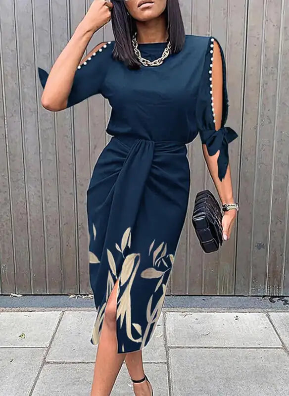 Printed Hollow Lace-up Pleated Dress for Women