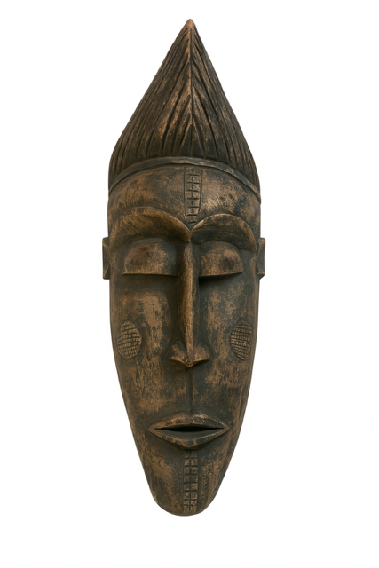 African mask with intricate designs on a white background