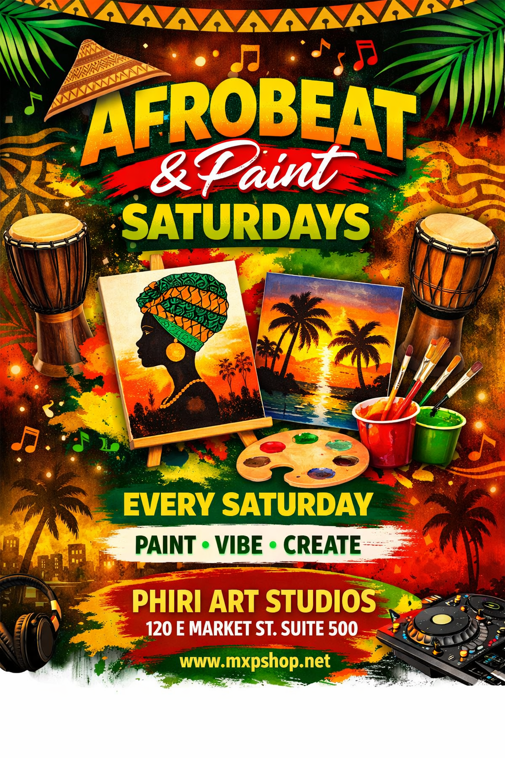 Promotional flyer for Afrobeat & Paint Saturdays event at Phiri Art Studios.