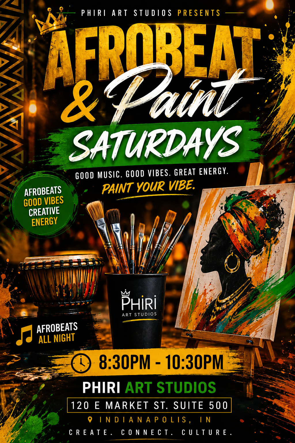 Join Afrobeat & Paint Saturdays at Phiri Art Studios in downtown Indianapolis.
