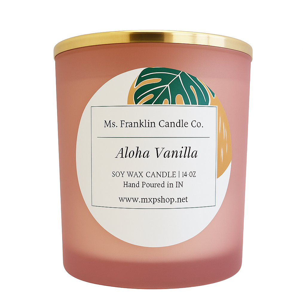 A pink frosted glass soy wax candle labeled 'Aloha Vanilla' by Ms. Franklin Candle Co., featuring a tropical leaf design and gold lid, isolated on a transparent background