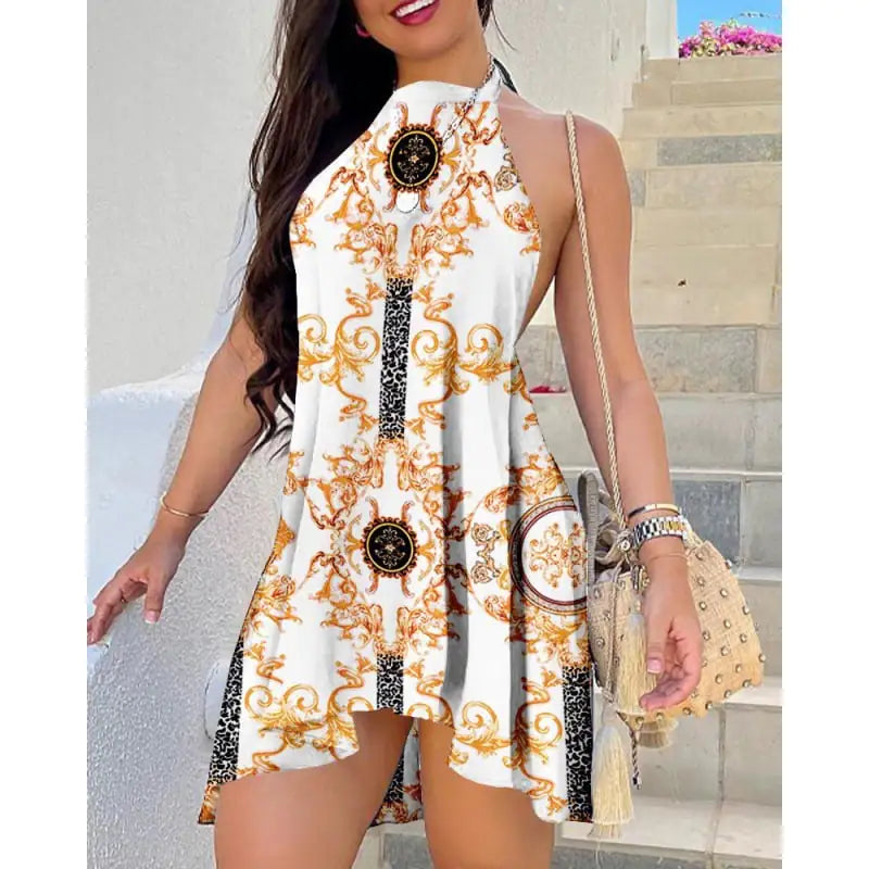 Fashionable Women's Printed Lace-up Dress