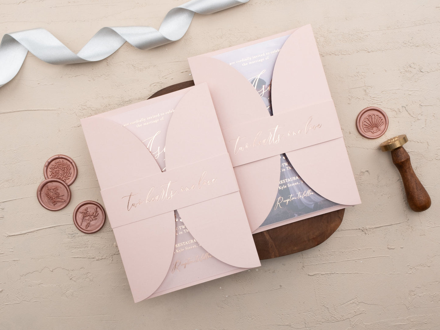 Acrylic Blush Pink Wedding Invitation with Rose Gold Foil & Jacket