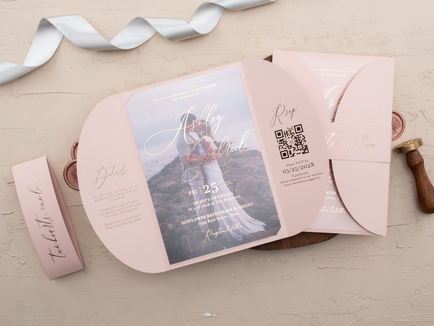 Acrylic Blush Pink Wedding Invitation with Rose Gold Foil & Jacket