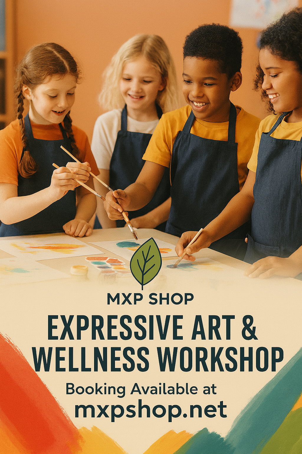 Children in aprons engaged in an art activity with text promoting an expressive art and wellness workshop.
