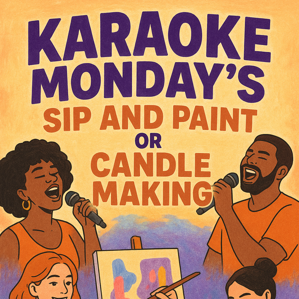 Promotional poster for Karaoke Monday's activities including sip and paint, candle making, and karaoke at MXP Shop.