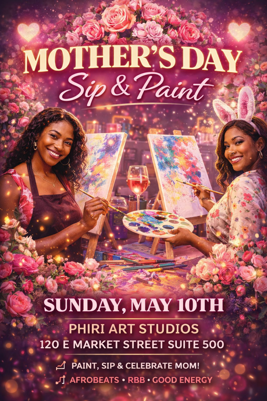 Promotional poster for Mother's Day Sip & Paint event with two women painting, surrounded by flowers and a cityscape.