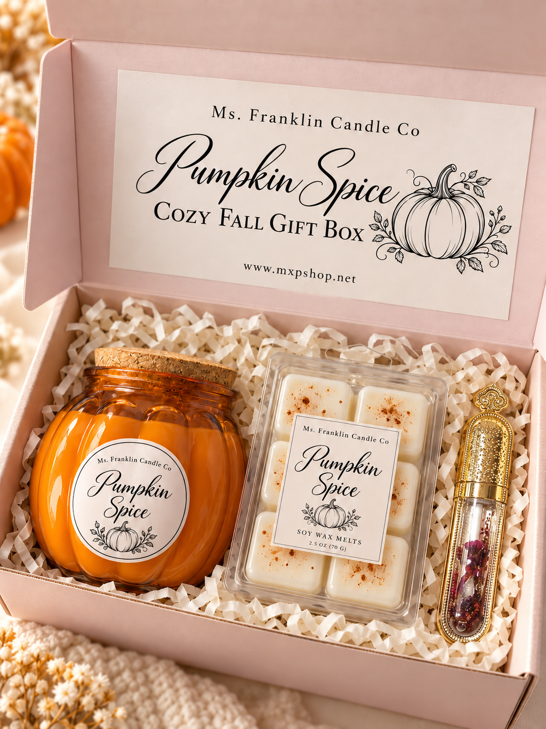 Pumpkin Spice Cozy Fall Gift Box | Pumpkin-Shaped Soy Candle, Wax Melts & Botanical Flower Lip Gloss | Autumn Gift Set