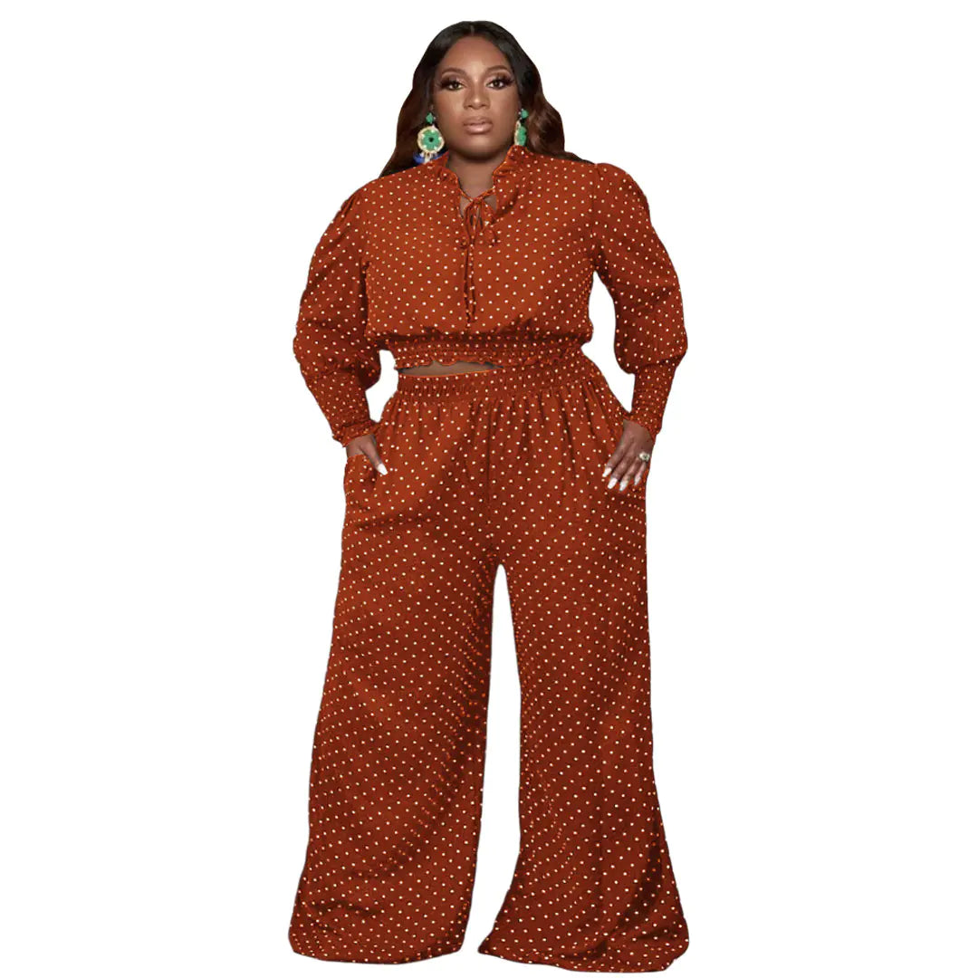 Polka Dot Tie Up Wide Leg Pants Two-Piece Set