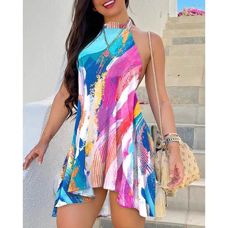 Fashionable Women's Printed Lace-up Dress