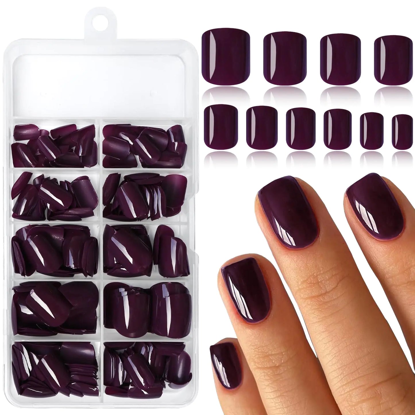 Black 240pc Square Press on Nails Short Fake Nails with Glue & Tabs Short Nails Press on Nails Square Acrylic Nails Grape False Nails Artificial Fingernail Women Girls Kids Stick Nails