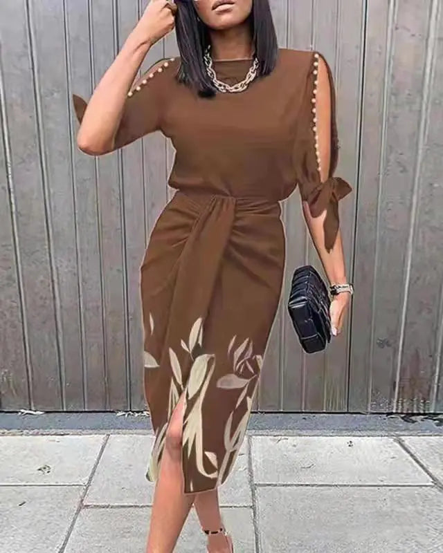 Printed Hollow Lace-up Pleated Dress for Women