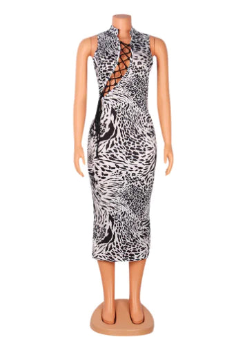 Printed Lace-up Cutout Women's Dress