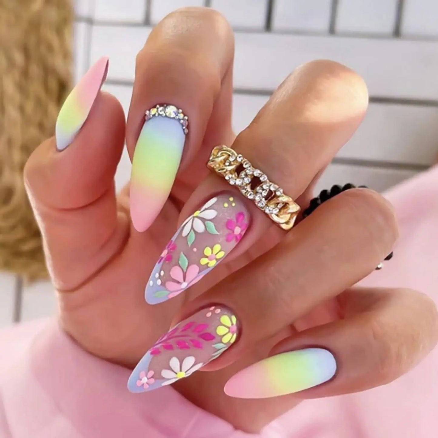 Colorful Gradient False Nails Artificial Acrylic Nails Almond Nails Press on Nails Medium Colorful Flower Design French False Nails 24 Pcs Full Cover Glossy Coffin Nails Glue on Nails for Women Kit