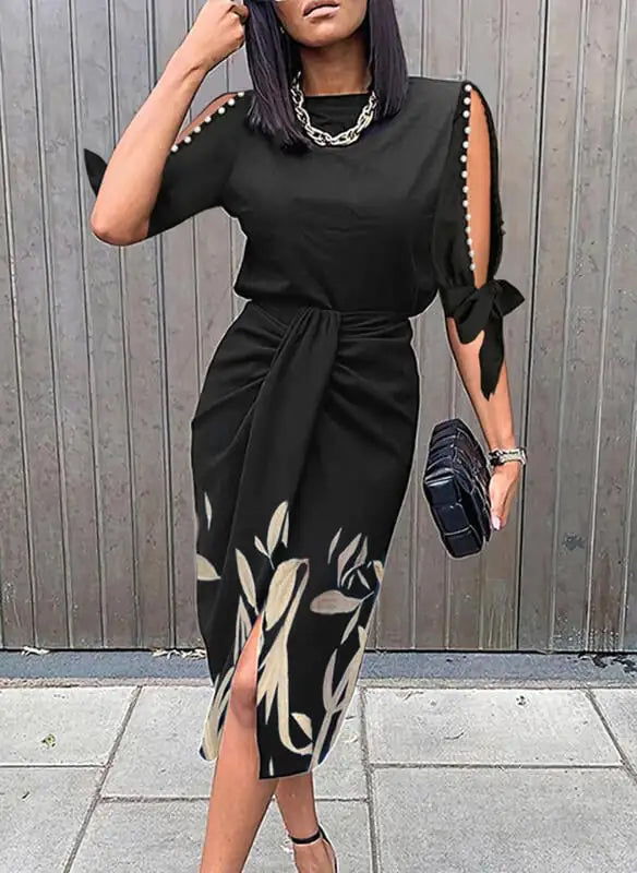 Printed Hollow Lace-up Pleated Dress for Women