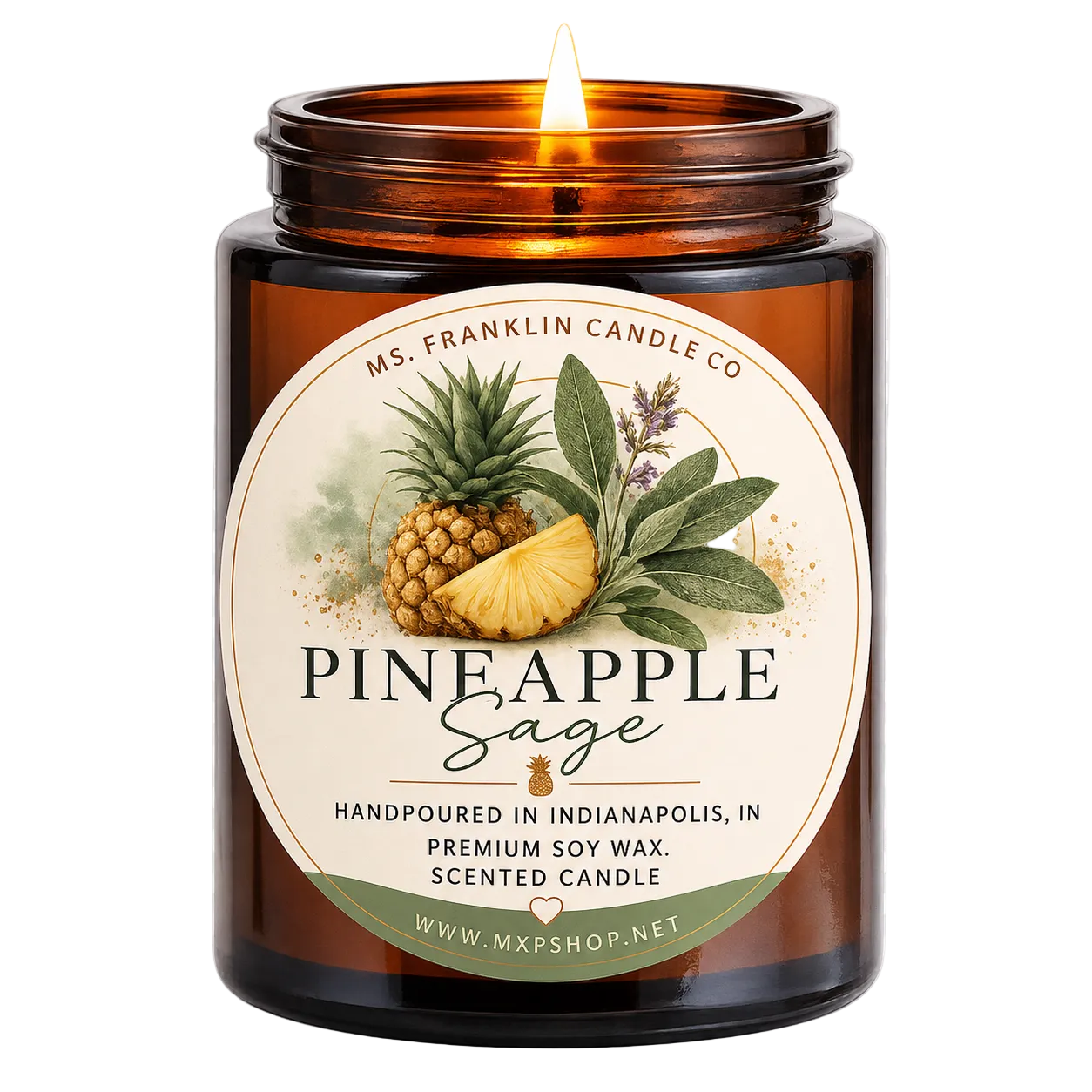 Candle in an amber jar with a pineapple and sage label on a transparent background
