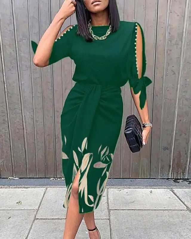 Printed Hollow Lace-up Pleated Dress for Women
