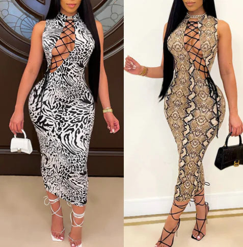 Printed Lace-up Cutout Women's Dress