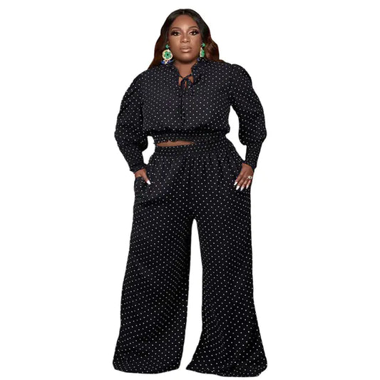 Polka Dot Tie Up Wide Leg Pants Two-Piece Set