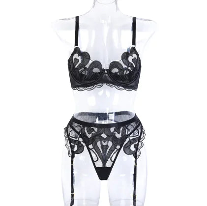 Black Mesh Embroidered Lingerie