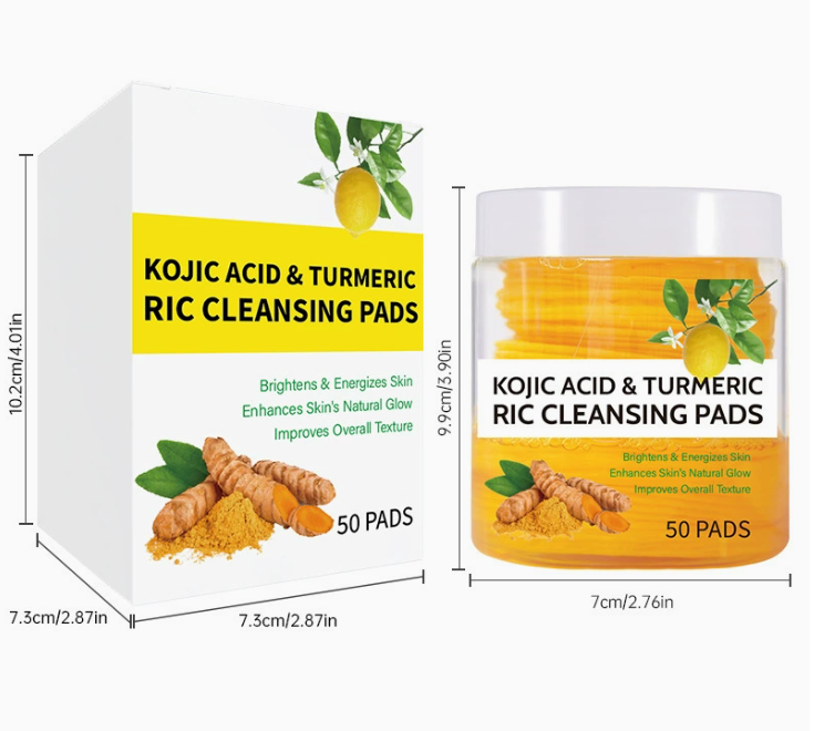Box and jar of Kojic Acid & Turmeric Ric Cleansing Pads shown on a white background with dimension lines and measurements. The packaging is white with yellow and green label areas, and the jar contains orange-yellow pads.