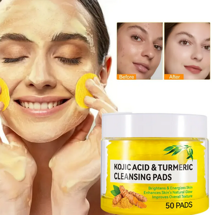Woman using KOJIC ACID & TURMERIC CLEANSING PADS with product packaging and before/after results shown.