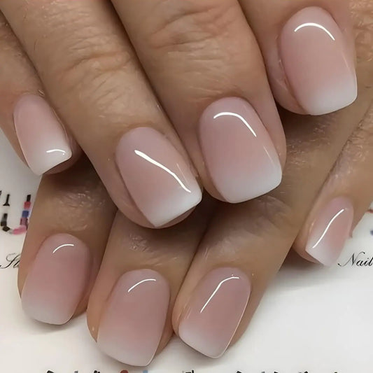 Press on Nails Short Square Fake Nails Full Cover Pink & White Gradient False Nails Glossy Glue on Nails Stick on Nails Acrylic Nails Artificial Nails for Women Girls 24Pcs