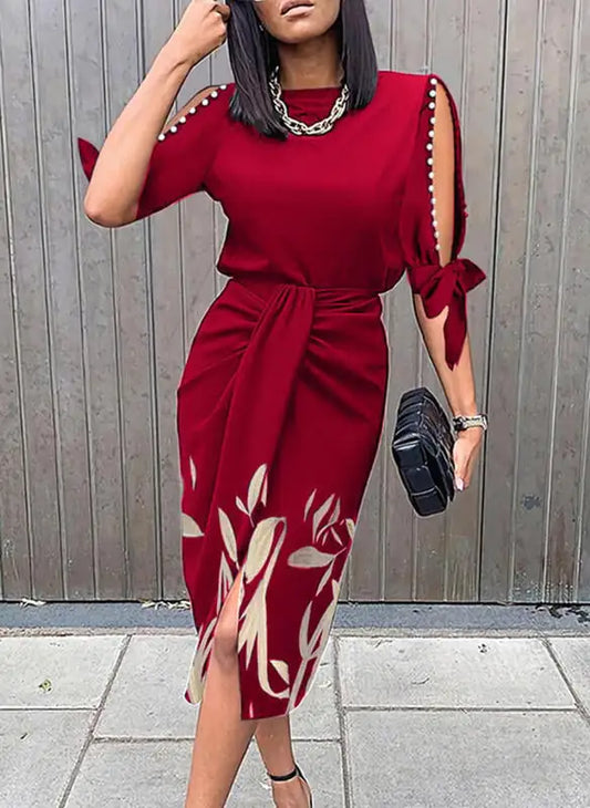 Printed Hollow Lace-up Pleated Dress for Women