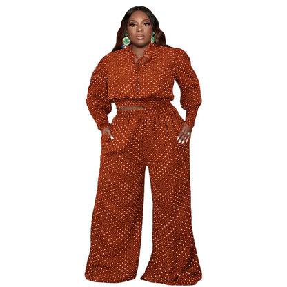Polka Dot Tie Up Wide Leg Pants Two-Piece Set