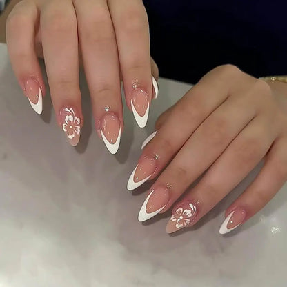 Almond Press on Nails Medium Fake Nails French Tips Nails White Nails Glossy Stick on Nails Full Cover Nails for Women 24 PCS