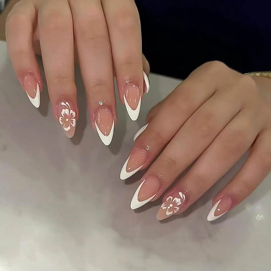 Almond Press on Nails Medium Fake Nails French Tips Nails White Nails Glossy Stick on Nails Full Cover Nails for Women 24 PCS