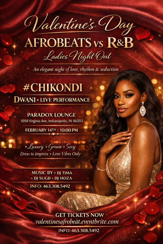 Promotional flyer for a Valentine's Day event featuring Afrobeats vs R&B music with a woman in a gold dress.