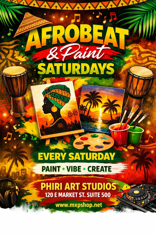 Promotional flyer for Afrobeat & Paint Saturdays event at Phiri Art Studios.
