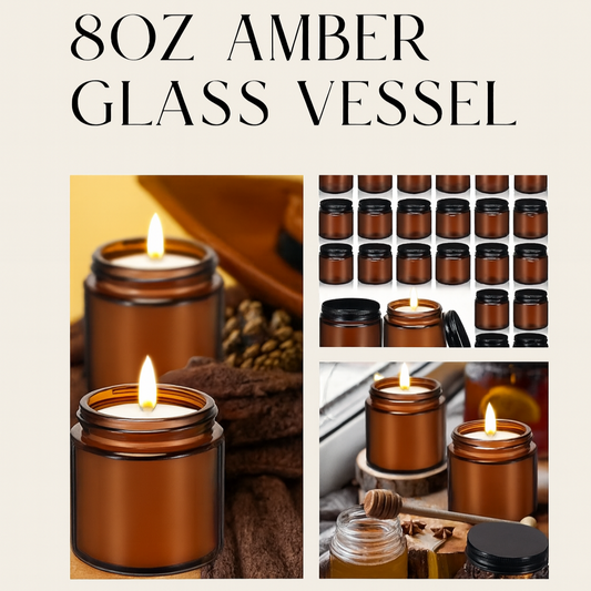 Amber glass candles in various settings with text '80Z AMBER GLASS VESSEL'.