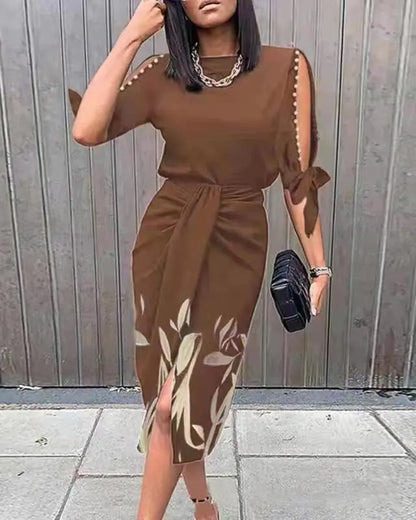 Printed Hollow Lace-up Pleated Dress for Women