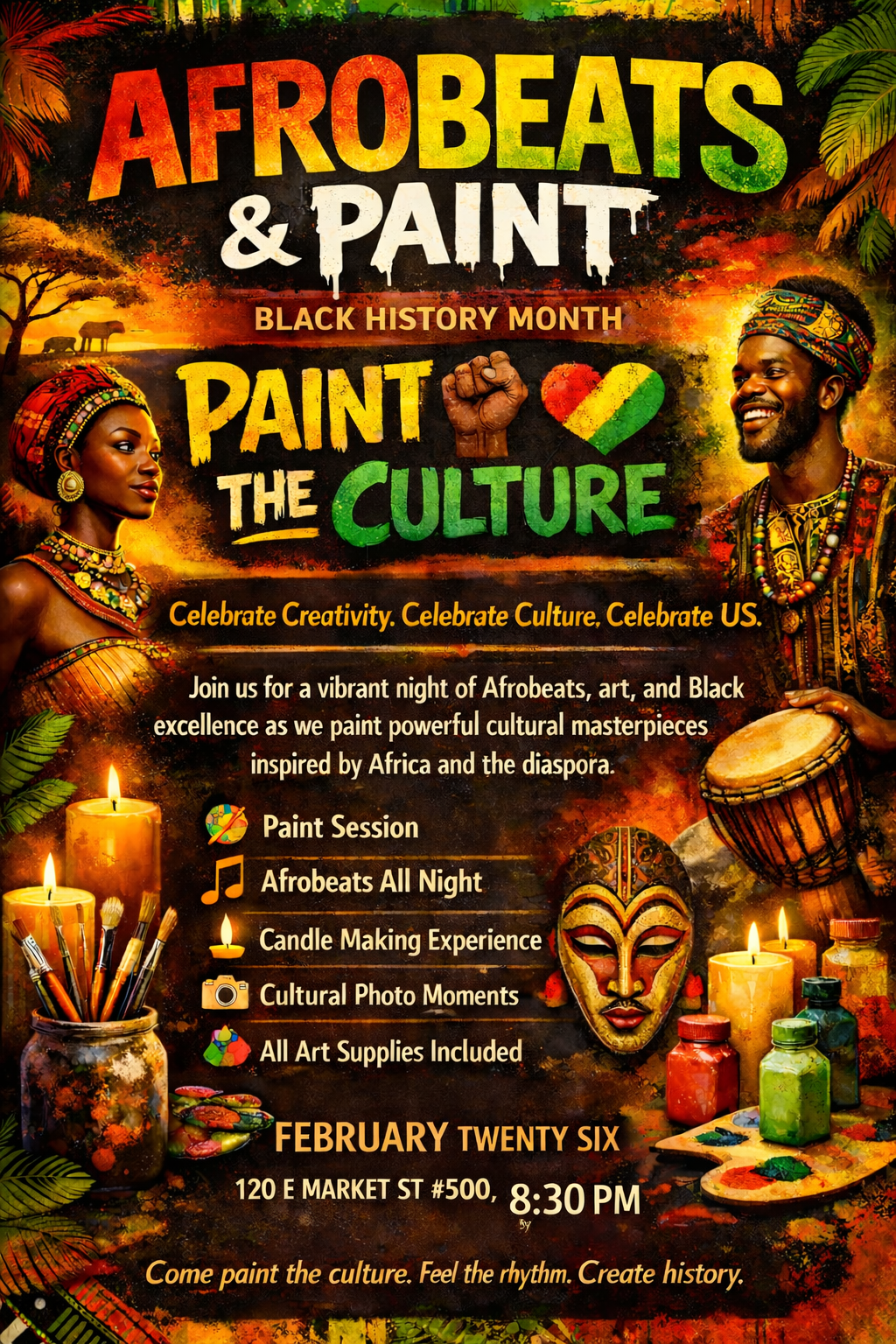 Promotional flyer for AfroBeats & Paint event celebrating Black History Month with art supplies and cultural elements.