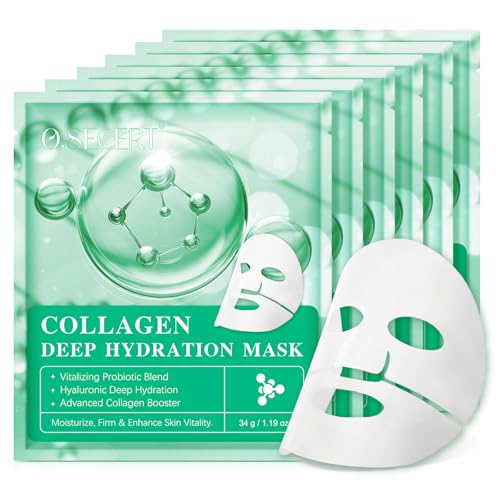 Collagen deep hydration mask packaging with a white mask on a green background