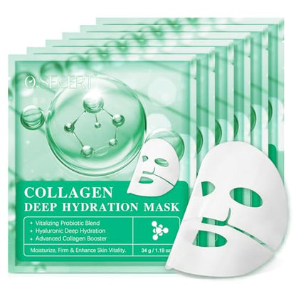 Collagen deep hydration mask packaging with a white mask on a green background