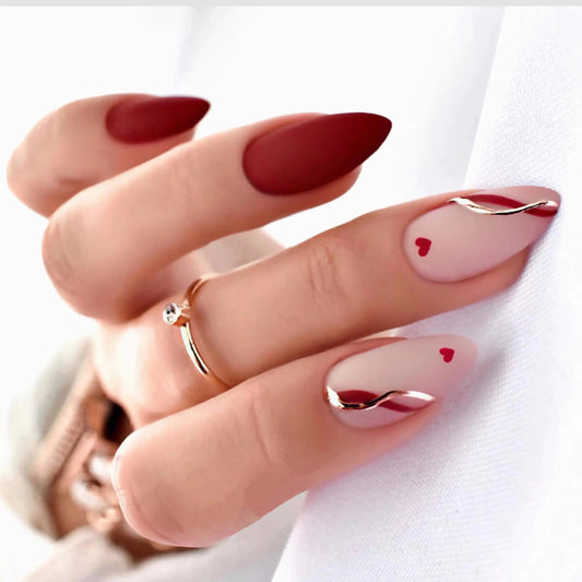 Valentines Heart Press on Nails Medium Fake Nails Red Glue on Nails Golden Design Acrylic Nails 24Pcs Love Stiletto False Nails Manicure Artificial Nails