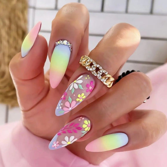 Colorful Gradient False Nails Artificial Acrylic Nails Almond Nails Press on Nails Medium Colorful Flower Design French False Nails 24 Pcs Full Cover Glossy Coffin Nails Glue on Nails for Women Kit