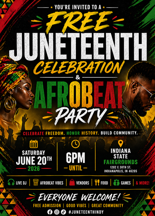 Promotional flyer for a Free Juneteenth Celebration and Afrobeat Party with colorful text and images of a man and woman.