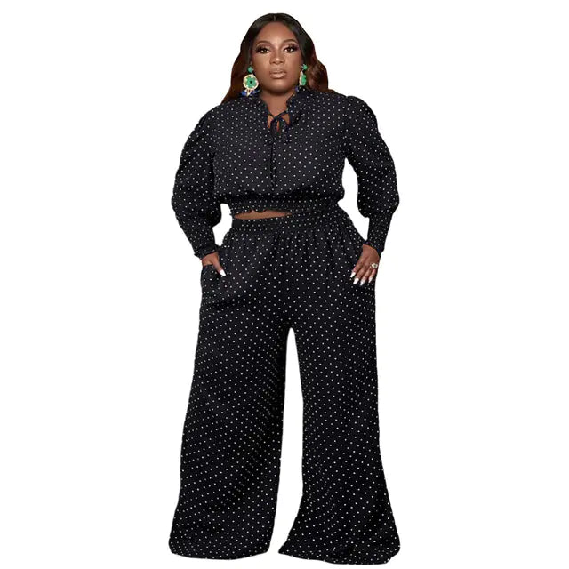 Polka Dot Tie Up Wide Leg Pants Two-Piece Set