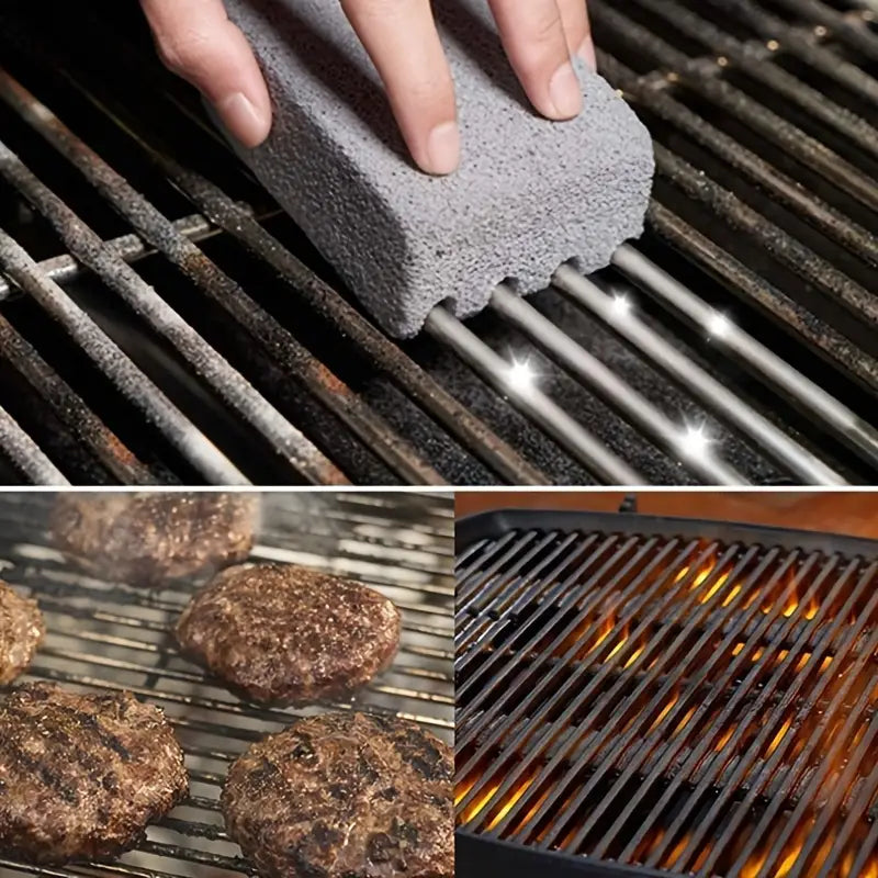 Cleaning a grill with a scrubber, grilling burgers, and glowing coals.