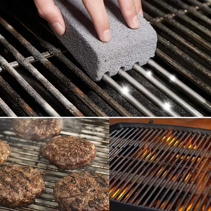 Cleaning a grill with a scrubber, grilling burgers, and glowing coals.