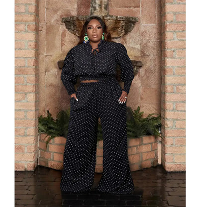 Polka Dot Tie Up Wide Leg Pants Two-Piece Set