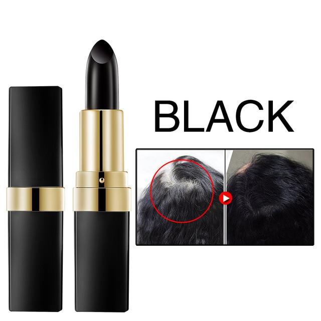 Black lipstick with gold cap on a white background, featuring an inset showing hair transformation.