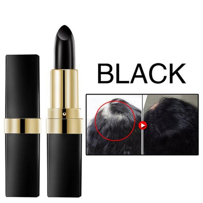 Black lipstick with gold cap on a white background, featuring an inset showing hair transformation.